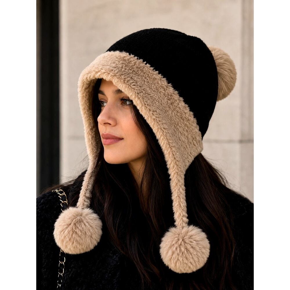 Cozy Colorblock Plush Knit Beanie Hat with Ear Flaps Tassel Brown/Beige